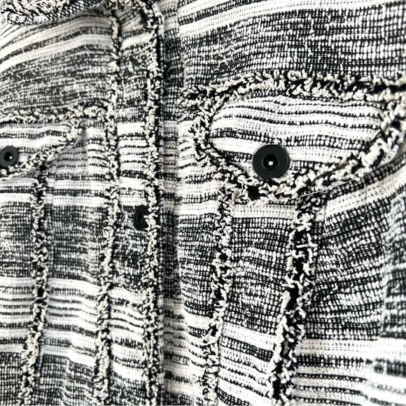 1. State Black Cream Fringe Tweed Button Front Long Sleeve Blazer Jacket - Picture 5 of 15